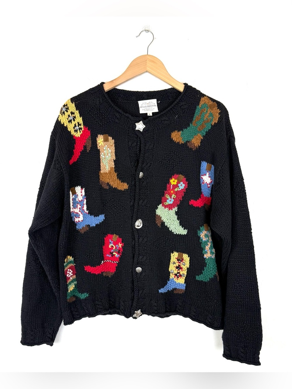 Susan Bristol Vintage 1995 Cowboy Boot Fringe Cardigan
